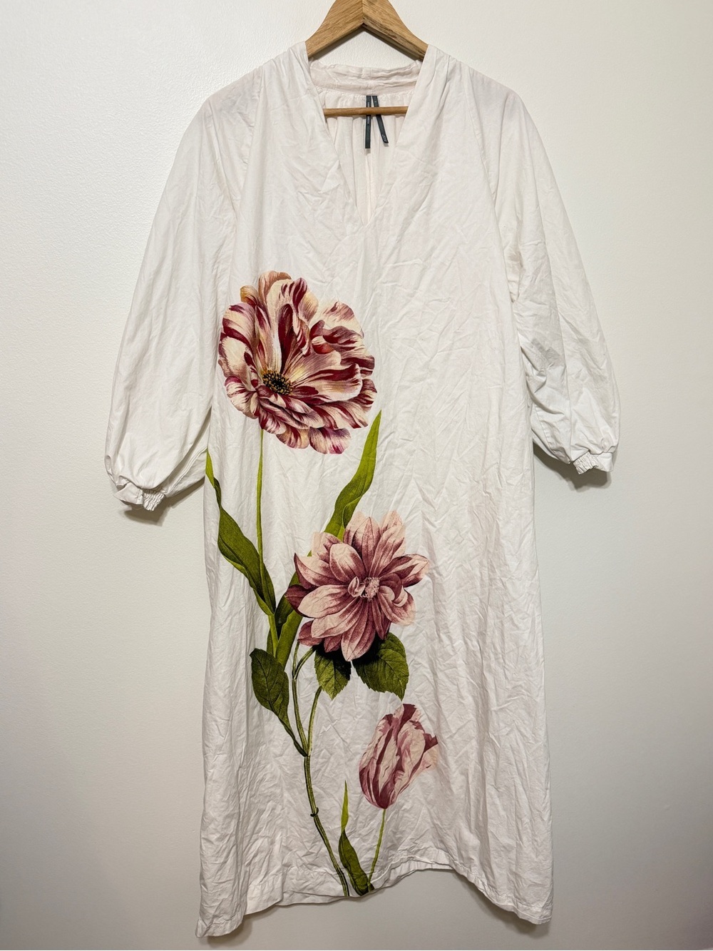 Anthropologie Floral Belted V Neck Long Sleeve Midi Dress Size Large Ivory - Picture 2 of 9
